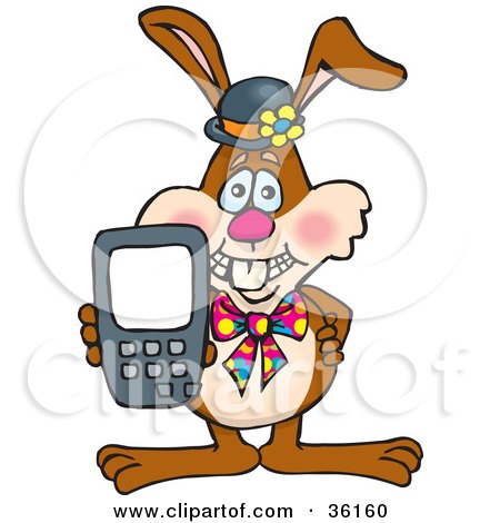 Clipart Illustration of a Bunny Rabbit Holding Up A Calculator Or Cell Phone With A Blank Screen, Ready For Your Text by Dennis Holmes Designs
