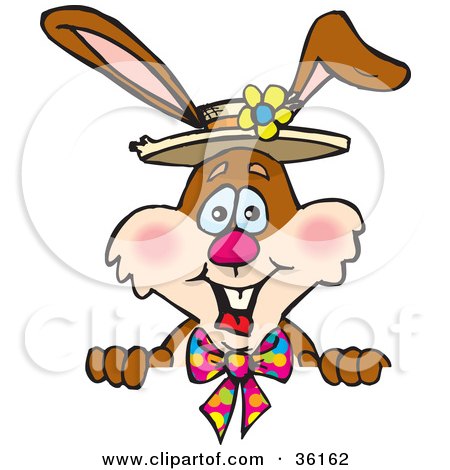 Clipart Illustration of a Bunny Rabbit In A Hat And Tie, Looking Over A Surface by Dennis Holmes Designs
