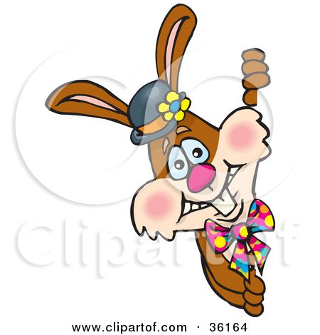 Clipart Illustration of a Bunny Rabbit In A Hat And Tie, Looking Around A Corner by Dennis Holmes Designs