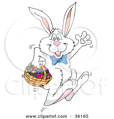 Clipart Illustration of a Waving White Rabbit Hopping Past With Easter Eggs In A Basket by Dennis Holmes Designs