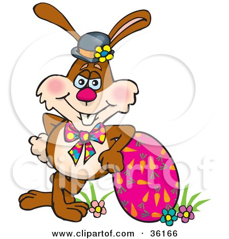 Clipart Illustration of a Bunny Rabbit Resting Against A Carrot Patterned Easter Eggs by Dennis Holmes Designs