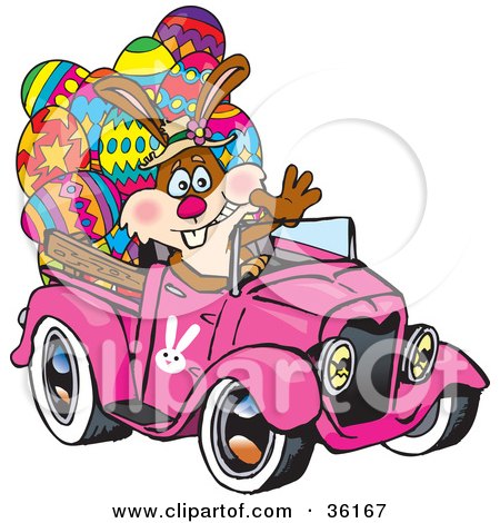 Clipart Illustration of a Bunny Rabbit Waving And Driving A Pink Pickup Truck With Easter Eggs In The Back by Dennis Holmes Designs