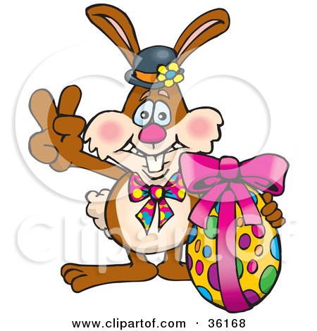 Clipart Illustration of a Bunny Rabbit Signaling The Peace Sign And Standing With An Easter Egg by Dennis Holmes Designs