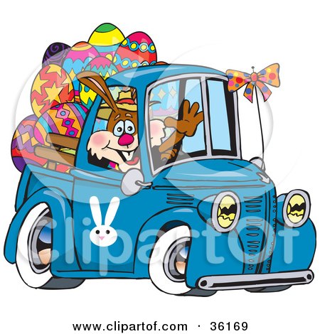 Clipart Illustration of a Bunny Rabbit Waving And Driving A Blue Pickup Truck With Easter Eggs In The Back by Dennis Holmes Designs