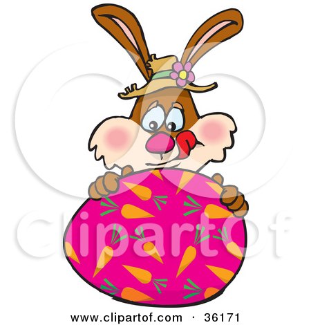 Clipart Illustration of a Hungry Bunny Rabbit Licking His Lips And Touching A Pink Easter Egg With Carrot Patterns On It by Dennis Holmes Designs