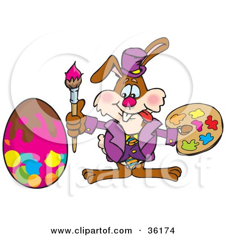 Clipart Illustration of a Bunny Rabbit Artist Painting An Easter Egg With A Brush by Dennis Holmes Designs