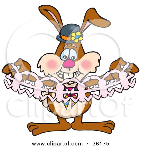 Clipart Illustration of a Bunny Rabbit Holding Open A Strand Of Paper Dolls by Dennis Holmes Designs