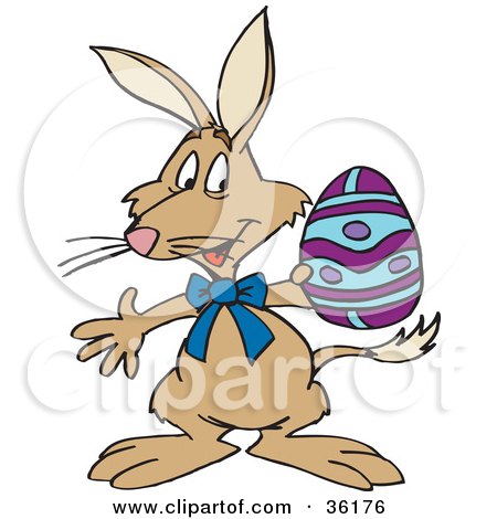 Clipart Illustration of a Brown Bilby Holding A Purple And Blue Easter Egg by Dennis Holmes Designs