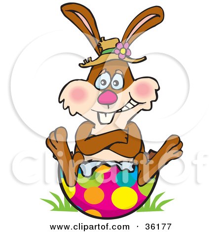Clipart Illustration of a Bunny Rabbit With His Butt Stuck In A Broken Easter Egg by Dennis Holmes Designs