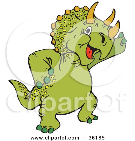 Clipart Illustration of a Friendly Green Triceratops Waving by Dennis Holmes Designs