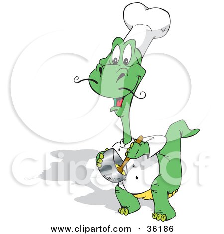 Clipart Illustration of a Green Chef Dinosaur Stirring Food In A Pot by Dennis Holmes Designs