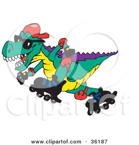 Clipart Illustration of a Tyrannosaurus Rex Roller Blading To The Left by Dennis Holmes Designs