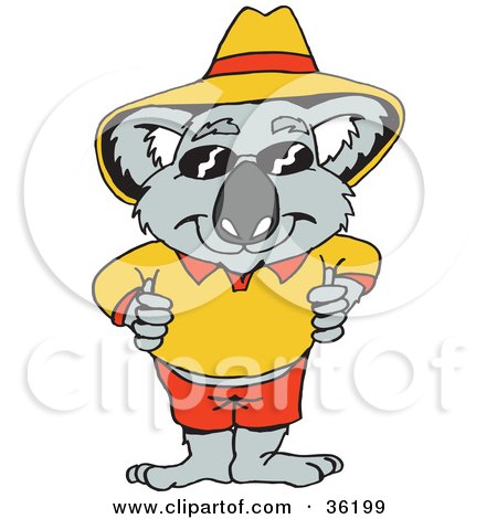 Clipart Illustration of a Koala In Orange And Red Clothes, Shades And A Hat by Dennis Holmes Designs