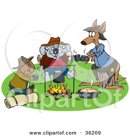 Clipart Illustration of a Wombat, Koala And Kangaroo Drinking Coffee And Keeping Warm By A Campfire by Dennis Holmes Designs