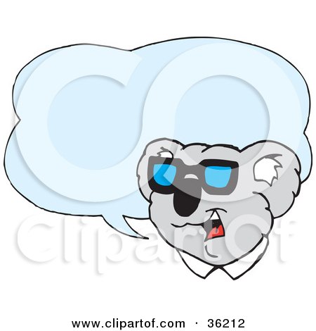 Clipart Illustration of a Male Koala In Shades, With A Blue Text Balloon by Dennis Holmes Designs