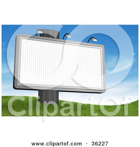Clipart Illustration of a Large Blank Billboard Sign On A Post At The Top Of A Grassy Hill, Against A Sky Background by Frog974