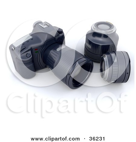Clipart Illustration of a Telephoto Lens On A Camera Body, Resting Beside Two Other Lenses by KJ Pargeter