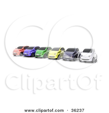 Clipart Illustration of a Row Of Six Colorful Cars Lined Up On A Lot by KJ Pargeter