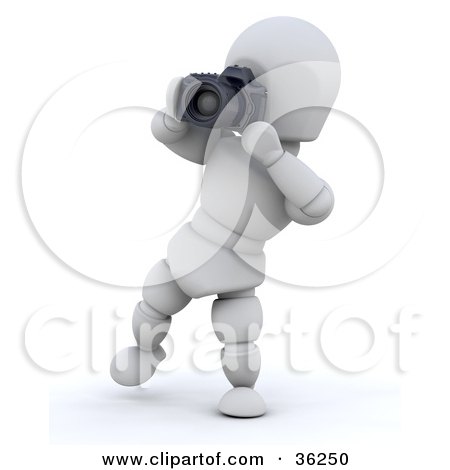 Clipart Illustration of a Photographer 3d White Character Leaning Back To Snap A Photo by KJ Pargeter