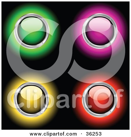 Clipart Illustration of a Set Of Four Green, Pink, Yellow And Red Glowing Shiny Power Buttons Rimmed In Chrome by KJ Pargeter
