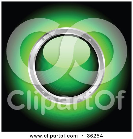 Clipart Illustration of a Green Glowing Shiny Power Button Rimmed In Chrome by KJ Pargeter
