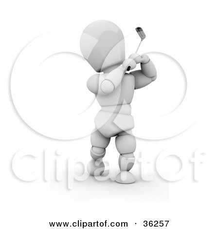 Clipart Illustration of a 3d White Character Focusing And Swinging On A Golf Course by KJ Pargeter