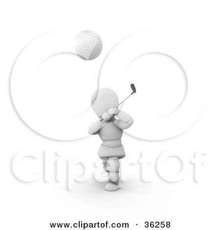 Clipart Illustration of a Golf Ball Flying Forward With A 3d White Character In The Background by KJ Pargeter