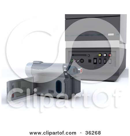 Clipart Illustration of a Handy Cam Resting Behind A Desktop Computer Tower by KJ Pargeter