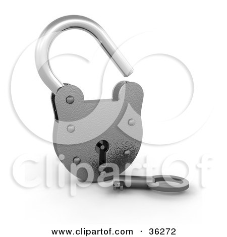 Clipart Illustration of a 3d Chrome Padlock With A Key, Resting With The Lock Open by KJ Pargeter