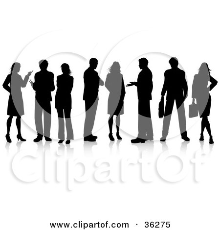 Clipart Illustration of a Row Of Black Silhouetted Business Men And Women Holding Conversations by KJ Pargeter
