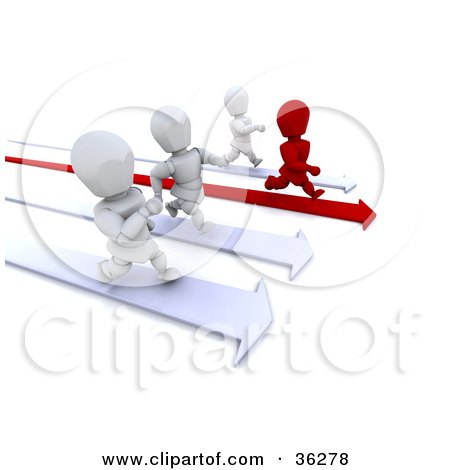Clipart Illustration of a Race Between One Red And Three White Characters Running On Arrows by KJ Pargeter