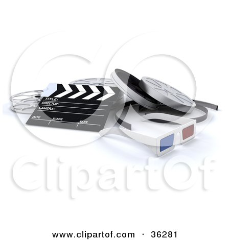Clipart Illustration of a Pair Of 3d Glasses With A Clapboard And Film Reels by KJ Pargeter