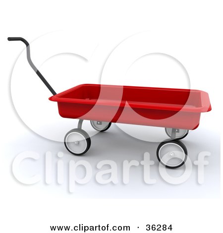 Clipart Illustration of a Red Wagon With The Handle Positioned Upwards by KJ Pargeter