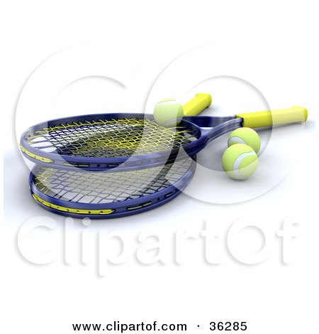 Clipart Illustration of Two 3d Tennis Rackets With Yellow Balls by KJ Pargeter