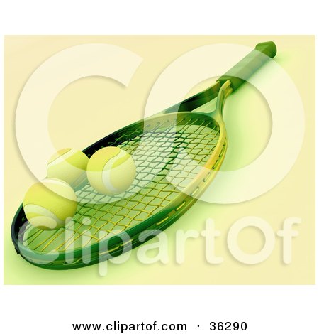Clipart Illustration of a 3d Tennis Racket With Three Balls On The Net, With Green Tones by KJ Pargeter