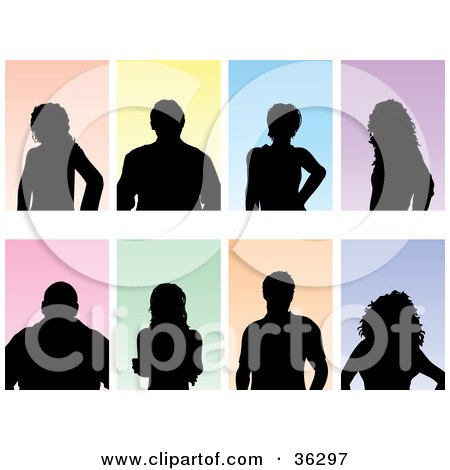 Clipart Illustration of a Set Of Eight Silhouetted Gentlemen And Ladies On Colorful Backgrounds, Over White by KJ Pargeter