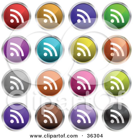 Clipart Illustration of a Set Of Sixteen Colorful RSS Button Icons by KJ Pargeter