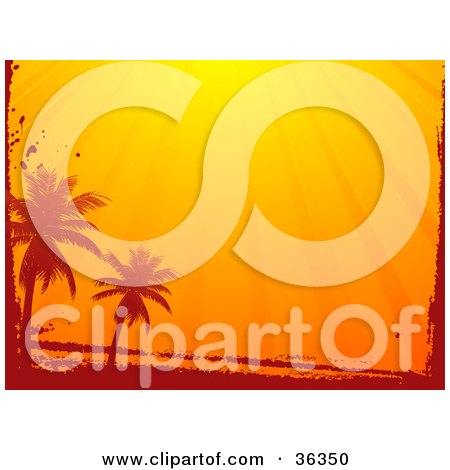 Clipart Illustration of a Grunge Border With Silhouetted Palm Trees Under Orange Sun Rays by elaineitalia