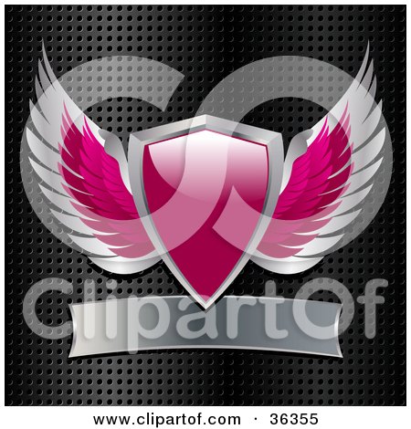Clipart Illustration of a Pink And Chrome Heraldic Winged Shield With A Blank Banner On A Grid Background by elaineitalia