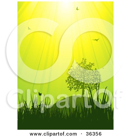 Clipart Illustration of Birds And Butterflies Above Grasses And Trees Under A Bright Green And Yellow Sky by elaineitalia