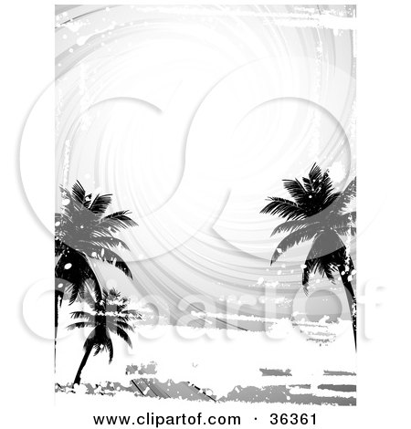 Clipart Illustration of a Black And White Swirling Sky With Silhouetted Palm Trees And Grunge by elaineitalia