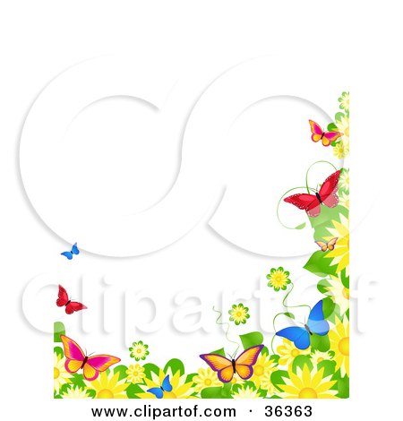 Clipart Illustration of a Border Of Spring Flowers And Colorful Butterflies Over A White Background by elaineitalia