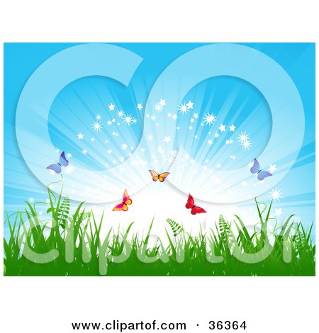 Clipart Illustration of Colorful Butterflies Frolicking Above Grass In Front Of A Bursting, Sparkling Blue Sky by elaineitalia