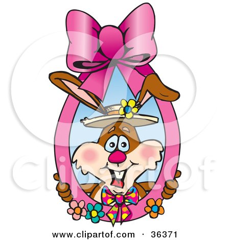 Clipart Illustration of a Happy Brown Easter Bunny Looking Through A Pink Ribbon With Flowers by Dennis Holmes Designs
