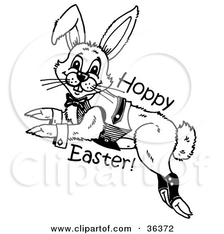 Clipart Illustration of a Happy Bunny In A Vest, Leaping With Hoppy Easter Text by LoopyLand