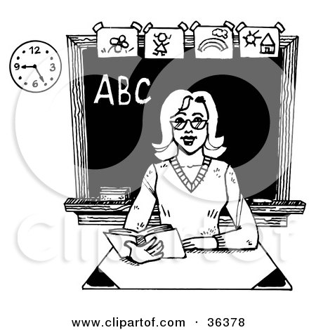 Clipart Illustration of a Friendly Female Teacher Reading A Book At Her Desk In A Class Room by LoopyLand