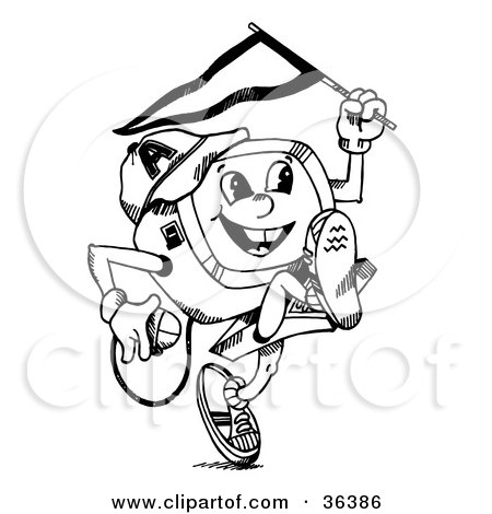 Clipart Illustration of a Happy Child Desktop Computer Running With A Flag In One Hand And Mouse In The Other by LoopyLand