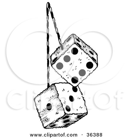 Clip Art Illustration of a Pair Of Fluffy Dice On A String, Hanging From A Rear View Mirror In A Car by LoopyLand