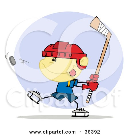 Clipart Illustration of a Focused Caucasian Boy Preparing To Whack A Hockey Puck by Hit Toon