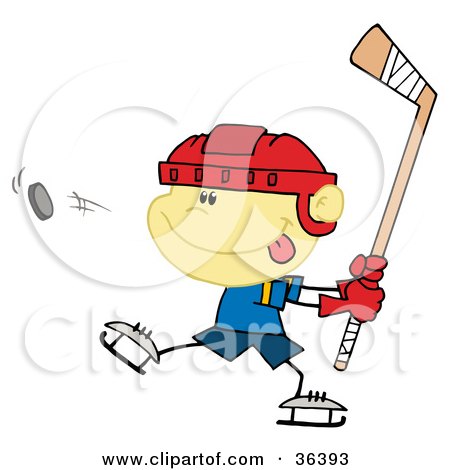 Clipart Illustration of a Little Boy Preparing To Whack A Hockey Puck by Hit Toon